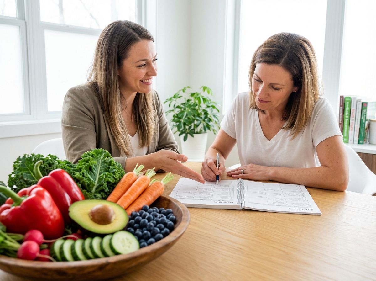 Nutrition coach reviewing a meal plan with fresh foods