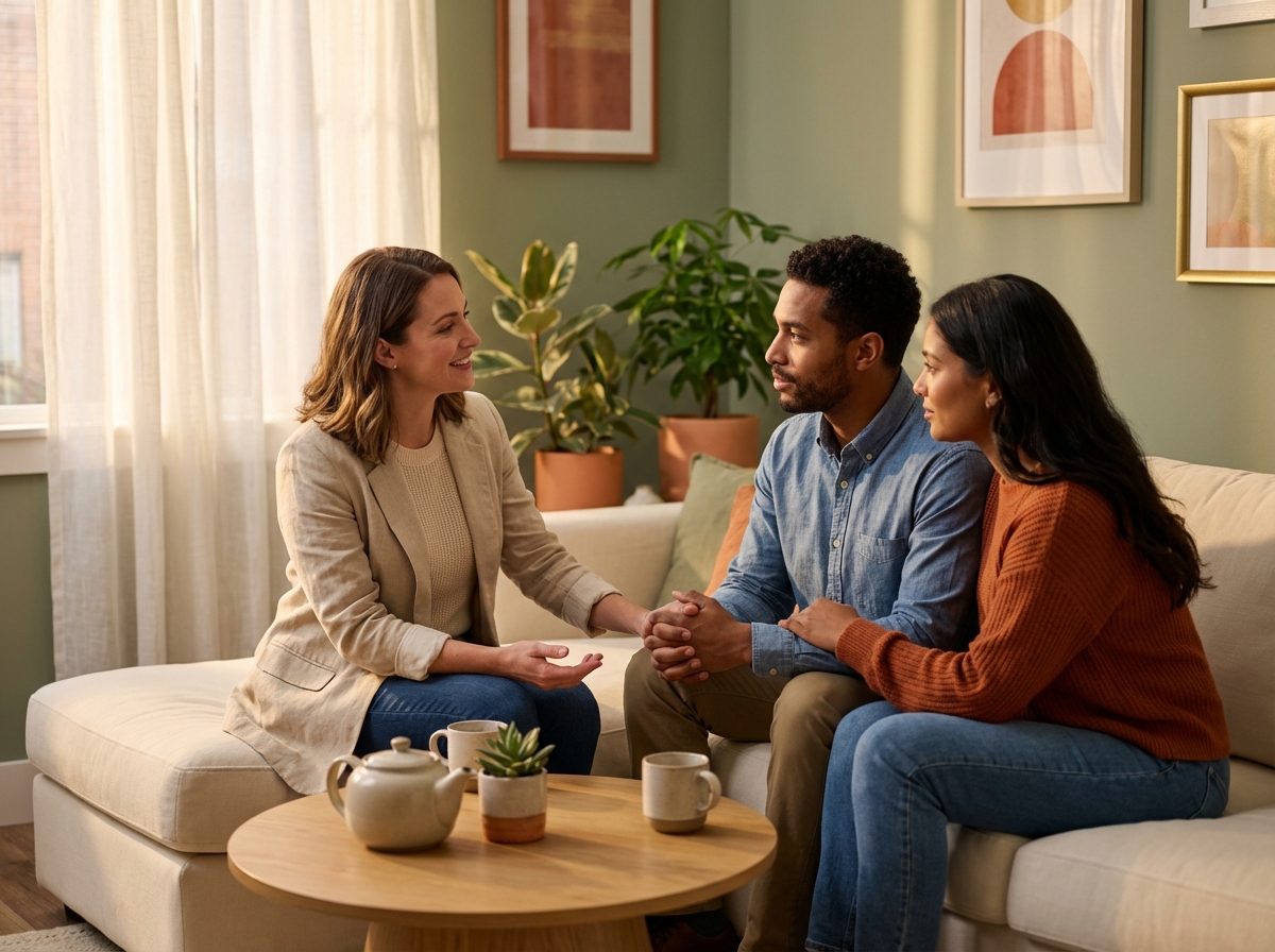 Relationship coach having a conversation with a couple